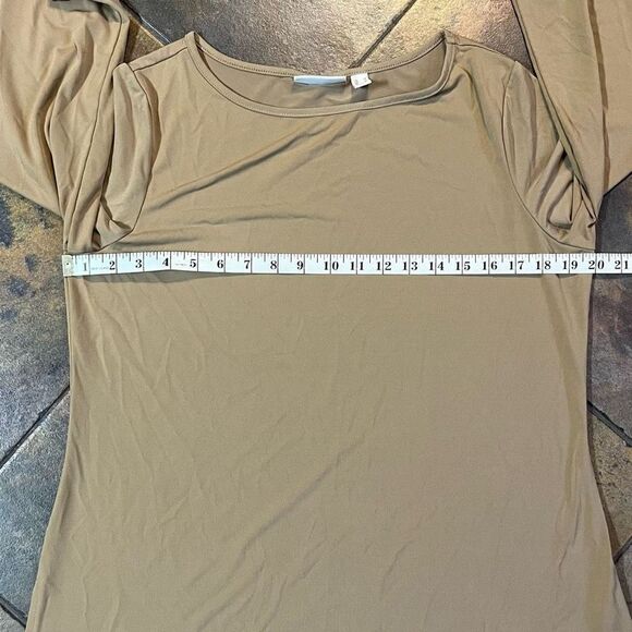 Susan Graver Tan Asymmetrical Liquid Knit Quarter Sleeves Medium Tunic Blouse - Picture 7 of 10